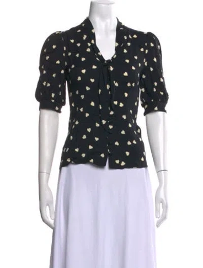Pre-owned Reformation Polka Dot Print V-neck Blouse In Black