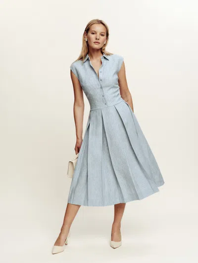 Reformation Prim Linen Dress In Cornflower Stripe
