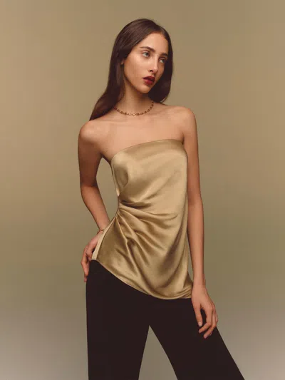 Reformation Quinley Silk Top Yellow Xs In Gold