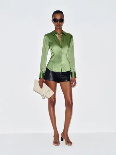 Reformation Raya Fitted Silk Shirt Jade Green 12