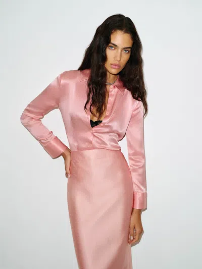 Reformation Raya Fitted Silk Shirt Pink 10 In Pattern