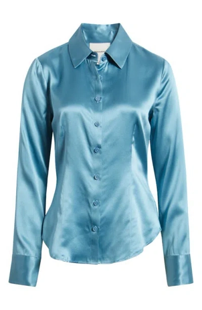 Reformation Raya Silk Button-up Shirt In Blue