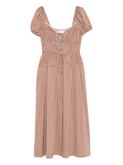 Reformation Womens Audrie Check Rhett Puffed-sleeves Woven Midi Dress In Brown