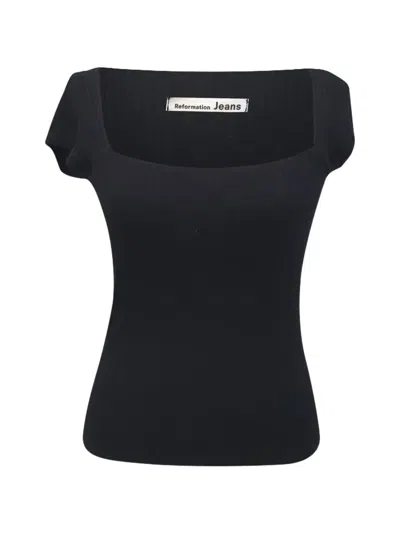 Pre-owned Reformation Ribbed-knit Blouse In Black