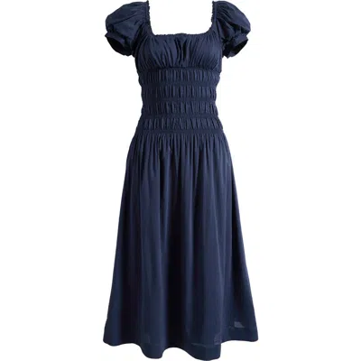 Reformation Riva Shirred Puff Sleeve Midi Dress In Blue