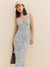 Reformation Vika Floral Side Slit Dress In Bleu