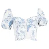 Reformation Rome Floral Puffed Sleeve Crop Top In Blue Linen In Blue