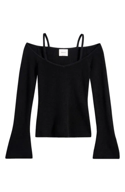 Reformation Romey Rib Merino Wool Off The Shoulder Sweater In Black