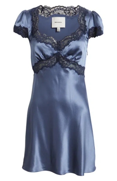 Reformation Romi Lace Detail Silk Minidress In Blue