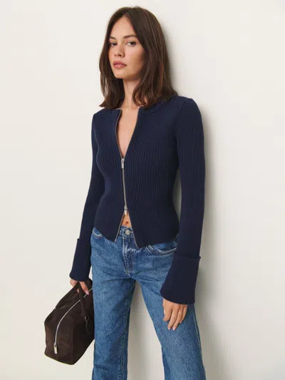 Reformation Ryan Cotton Zip Sweater In Navy