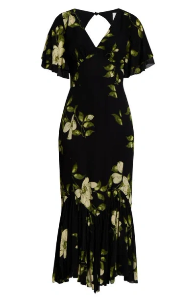 Reformation Salvia Floral Flutter Sleeve Mermaid Dress In Black