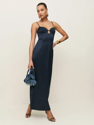 Reformation Sathia Satin Dress In Navy