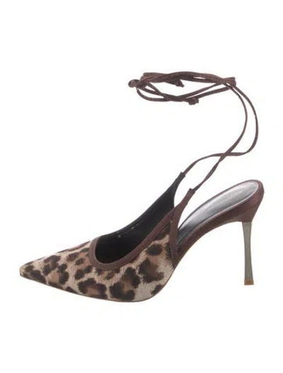 Pre-owned Reformation Satin Animal Print Slingback Pumps In Brown