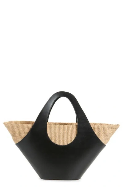 Reformation Siena Leather & Raffia Top Handle Tote In Black