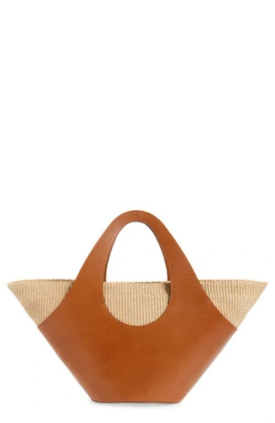 Reformation Siena Leather & Raffia Top Handle Tote In Brown