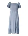 Reformation Smocked Puff Sleeve Dress In Light Blue Viscose In Blue