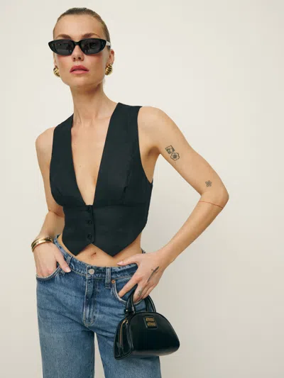 Reformation Sofia Cropped Linen Vest In Black