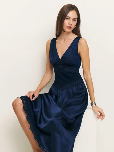 Reformation Stasia Silk Dress In Navy
