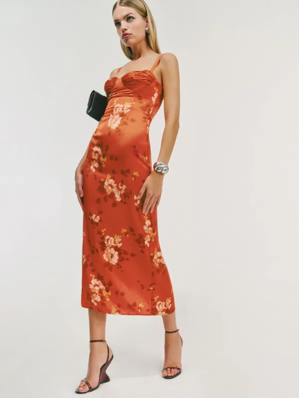 reformation stormi satin dress Reformation Stormi Satin Dress In Coral Bloom