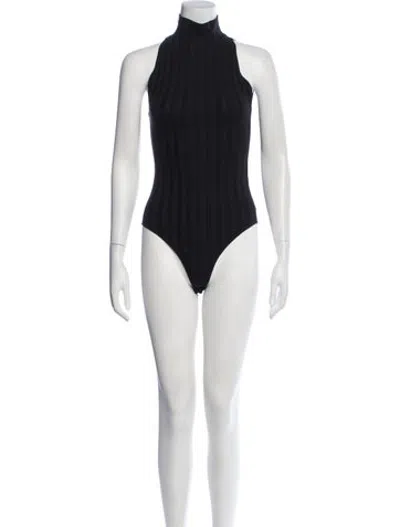 Pre-owned Reformation Striped Mock Neck Bodysuit In Black