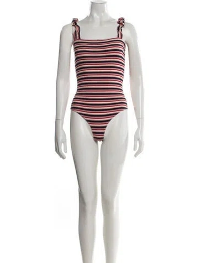 Pre-owned Reformation Striped Square Neckline Bodysuit In Pink/red