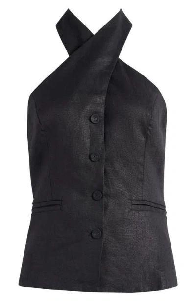Reformation Tate Cross Neck Linen Top In Black