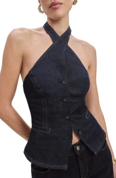 Reformation Tate Halter Denim Crop Top In Bleu