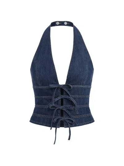 Reformation Tie Detail Halter Top In Blue
