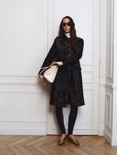 Reformation Veda Ariana Trench Coat Black Calfhair Large In Noir