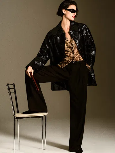 Reformation Veda Celine Jacket Black Patent Croc Leather Large