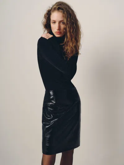 Reformation Veda Elle Leather Skirt Black Patent Croc 0
