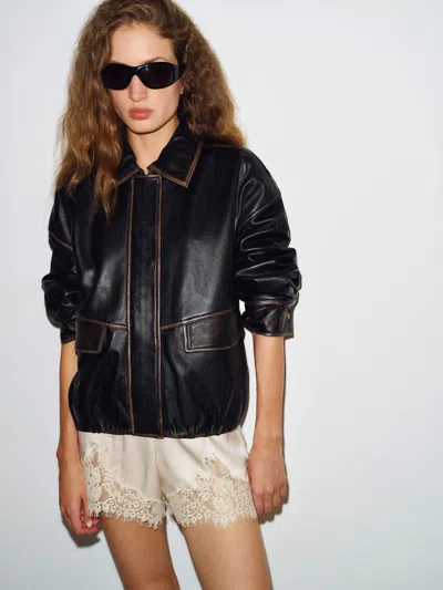 Reformation Veda Taelor Bomber Jacket Black Distressed Leather Large