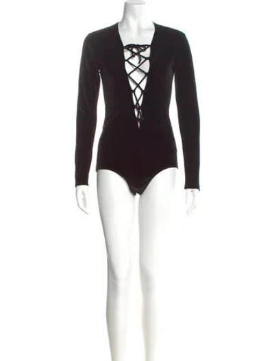 Pre-owned Reformation Velour V-neck Bodysuit In Black