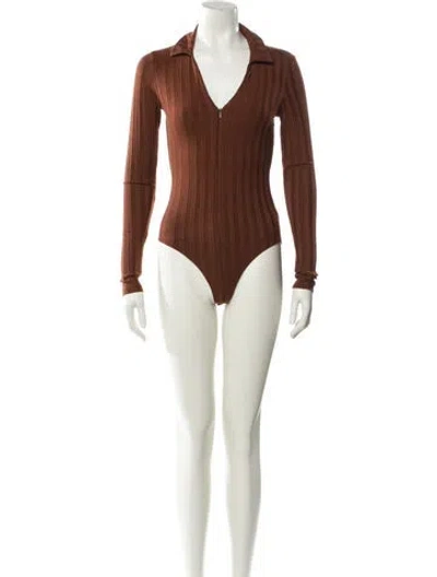 Pre-owned Reformation V-neck Long Sleeve Bodysuit In Brown