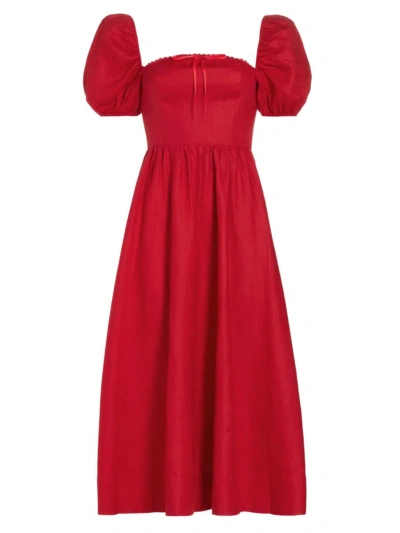 Reformation Women's Marella Linen Puff-sleeve Midi-dress In Cherry