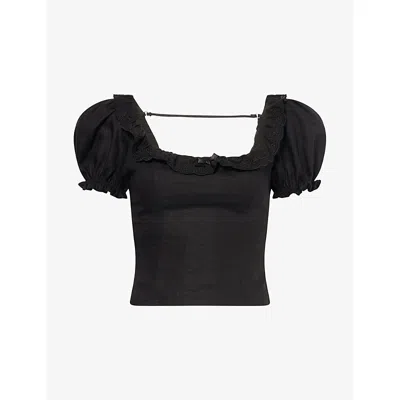 REFORMATION WOMENS BLACK ALICE FLORAL-PRINT PUFF-SLEEVE LINEN TOP