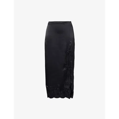 Reformation Womens Black Mira Embroidered Silk Midi Skirt
