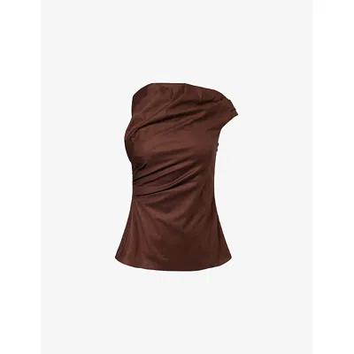 Reformation Womens Cafe Dessa Asymmetric Off-shoulder Cotton Top In Brown