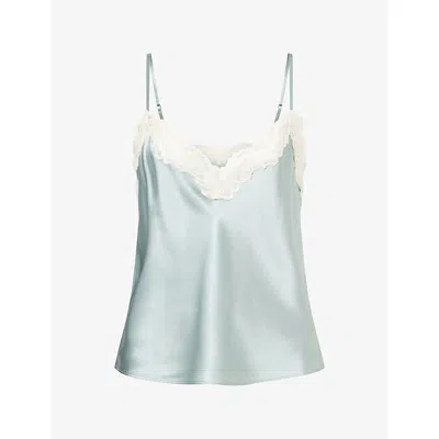 Reformation Womens Celadon Teddy Lace-trim Silk Top Xs In Blue