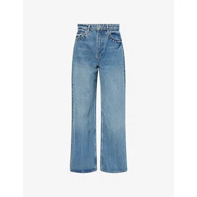 Reformation Womens Cary Slouchy Wide-leg Denim Jeans Chesapeake Studded In Blue