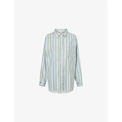 Reformation Womens Eli Stripe-pattern Stretch-cotton Shirt Aquamarine Stripe