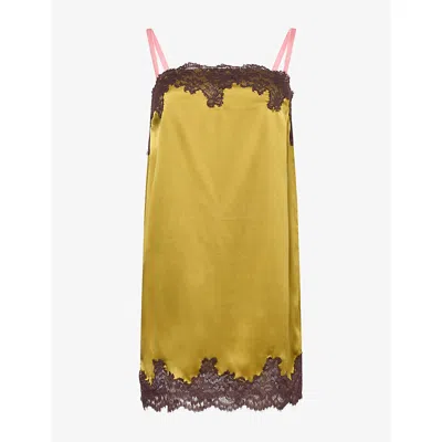 Reformation Womens Emma-rose Lace-trim Silk Mini Dress Citrine In Yellow