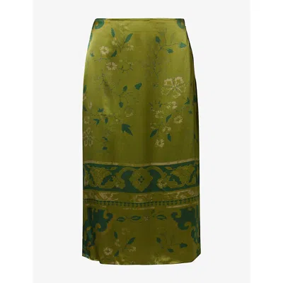 Reformation Womens Helen Printed Silk Midi Skirt Emerald Tapestry In Green
