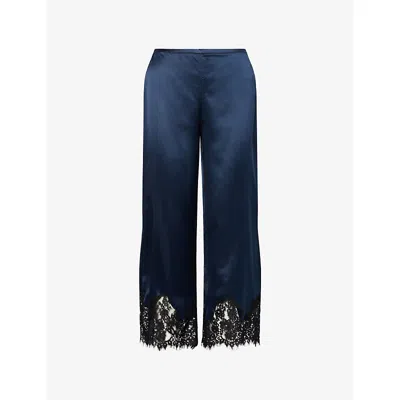 Reformation Womens Midnight Black Carolina Lace-trim Silk Trousers In Blue