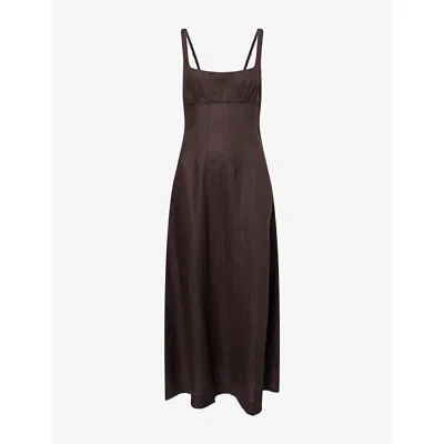 Reformation Womens Mole Sabine Square-neck Linen Midi Dress In Brown