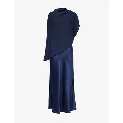 Reformation Womens Navy Lilibeth Sheer-cape Silk Midi Dress Xs In Blue