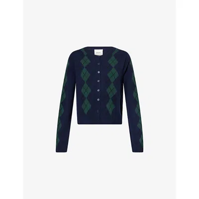 Reformation Womens Navy Multi Argyle Clara Argyle-knit Cashmere Cardigan In Blue