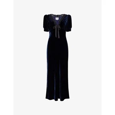 Reformation Womens Midnight Camille Lace-collar Velvet Midi Dress In Blue