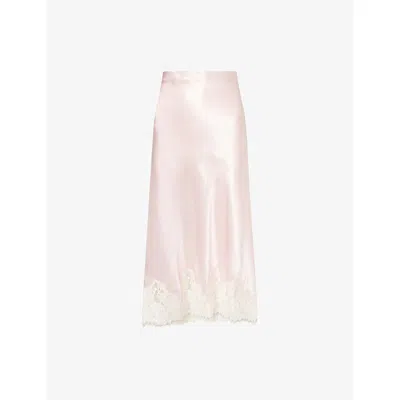 Reformation Womens Cherry Blossom Carolina Lace-trim Silk Midi Skirt In Pink