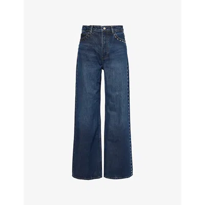 REFORMATION WOMENS MILLE STUDDED CARY STUDDED HIGH-RISE WIDE-LEG ORGANIC-COTTON BLEND DENIM JEANS